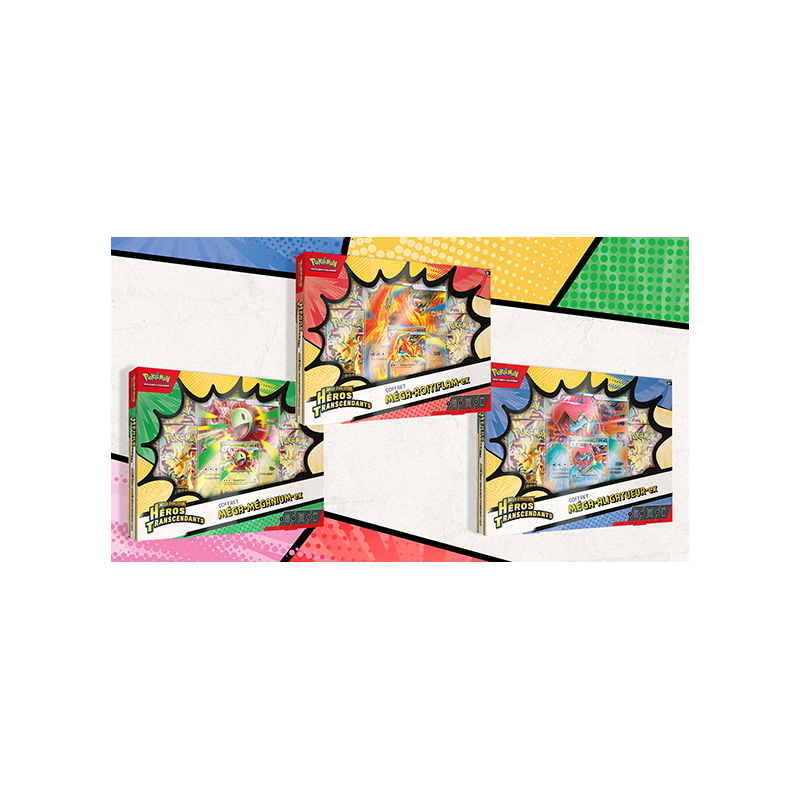 Coffrets Pokémon ME2.5 Héros Transcendants – Méga-Méganium-ex ou Méga-Roitiflam-ex ou Méga-Aligatueur-ex – FR Scellé