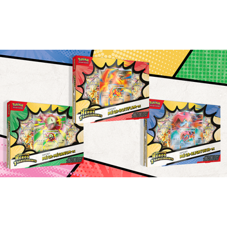 Coffrets Pokémon ME2.5 Héros Transcendants – Méga-Méganium-ex ou Méga-Roitiflam-ex ou Méga-Aligatueur-ex – FR Scellé