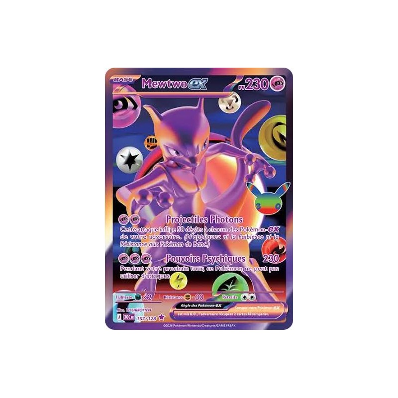 Carte Pokémon – Mewtwo-ex 157/128 – 30ᵉ Anniversaire – Futuristic Rare – FR – NM